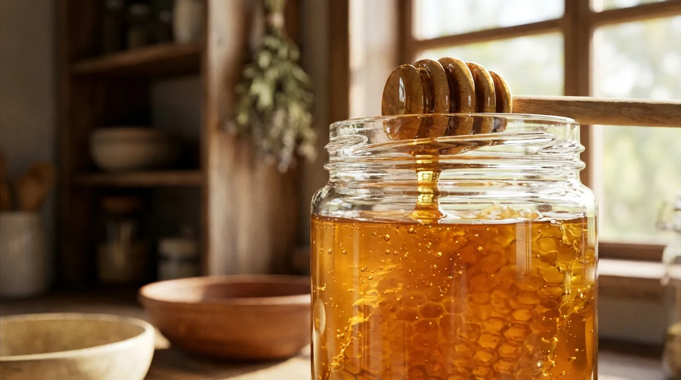 Jar of raw honey with honey dipper