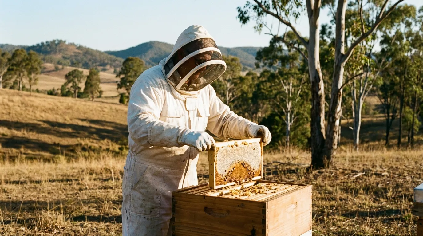 Beekeeper harvesting honey from hive