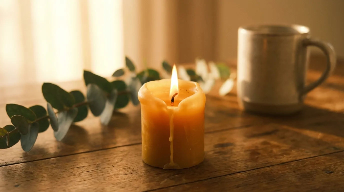 Beeswax candle burning in a calm home