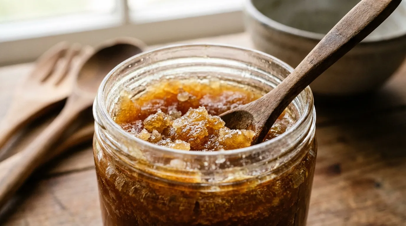 Crystallized raw honey in glass jar