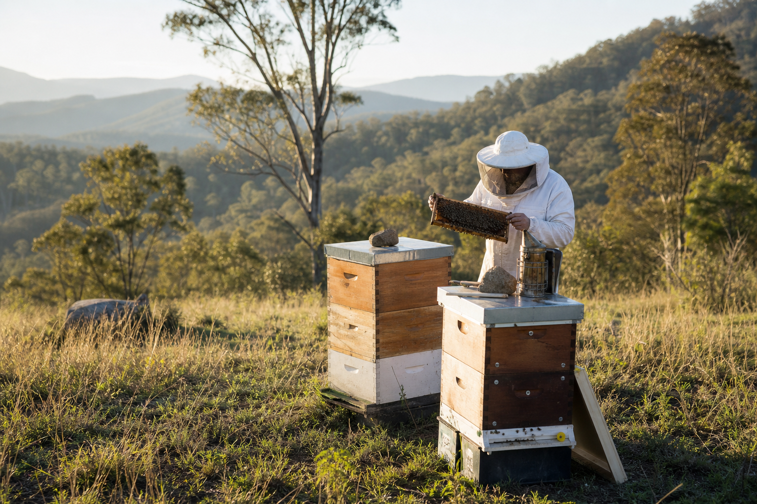 Beehive boxes in Queensland hinterland landscape with eucalyptus trees