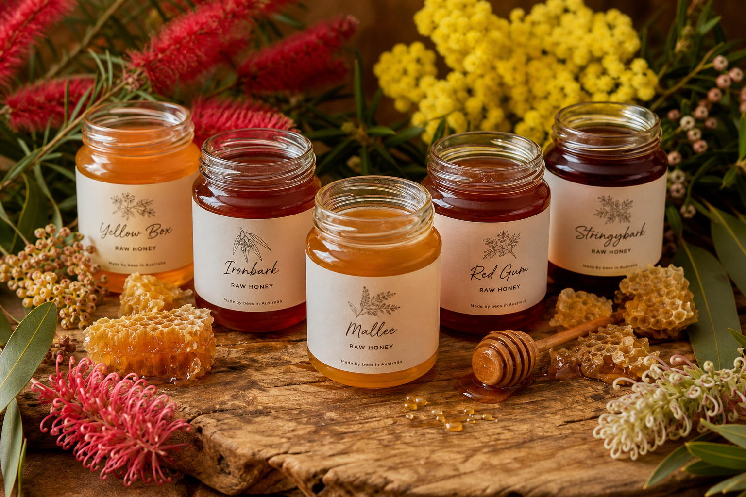 Selection of raw honey jars with different amber colours on a rustic board with native flowers