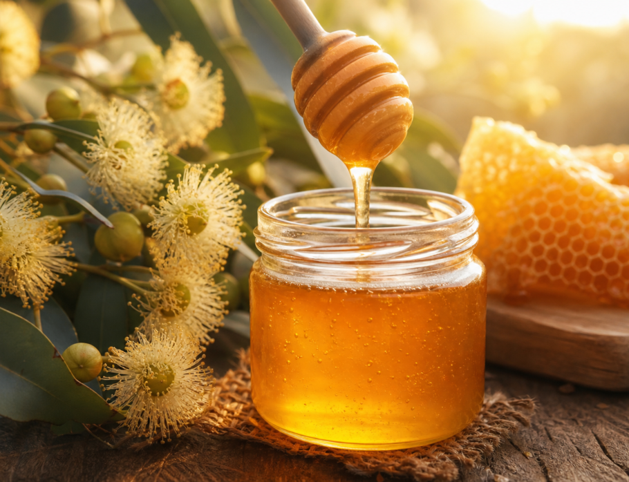 Local honey Gold Coast - golden raw honey being poured from a wooden dipper