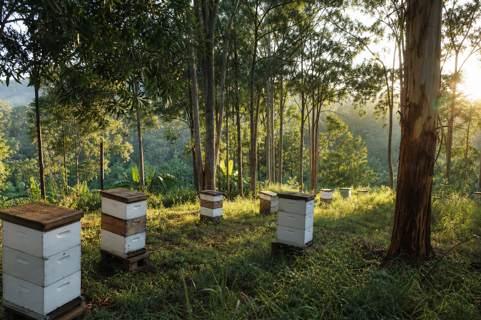 Beehives in Gold Coast hinterland eucalyptus forest