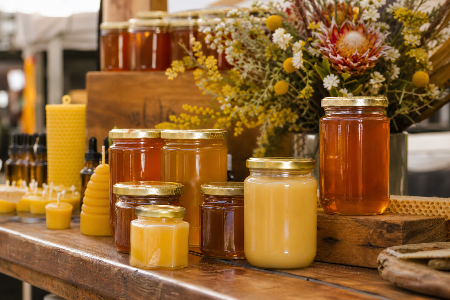 Local honey varieties and bee products at a Gold Coast market stall