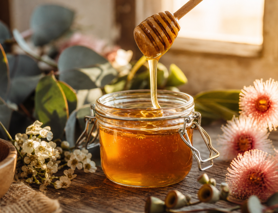 Raw Queensland honey being poured from a wooden dipper into a glass jar with native Australian wildflowers