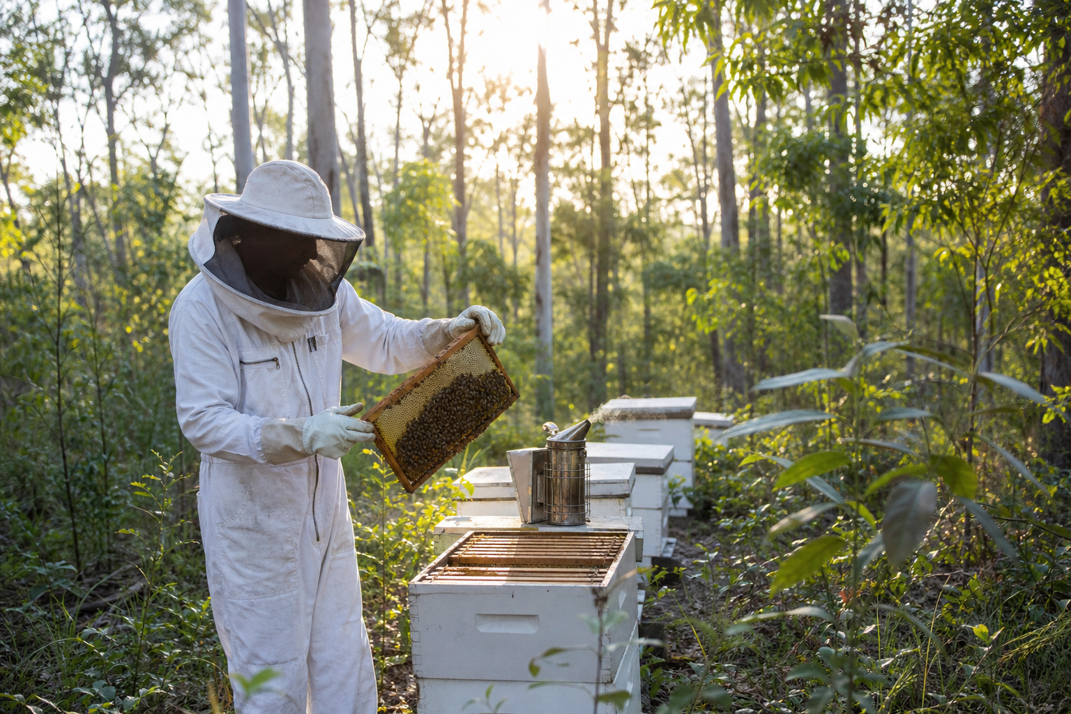 Beekeeper inspecting honeycomb in a Queensland eucalyptus forest