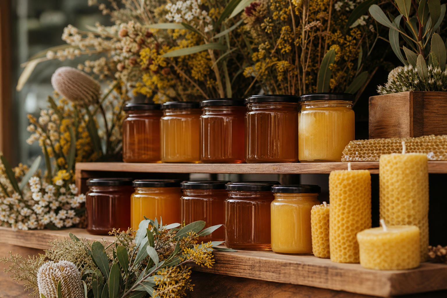 Artisan display of raw Queensland honey jars and beeswax candles