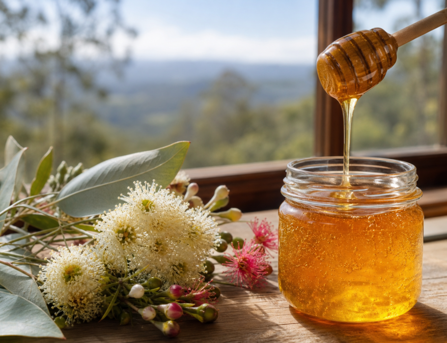 Sunshine Coast honey being drizzled from a wooden dipper with native Australian wildflowers