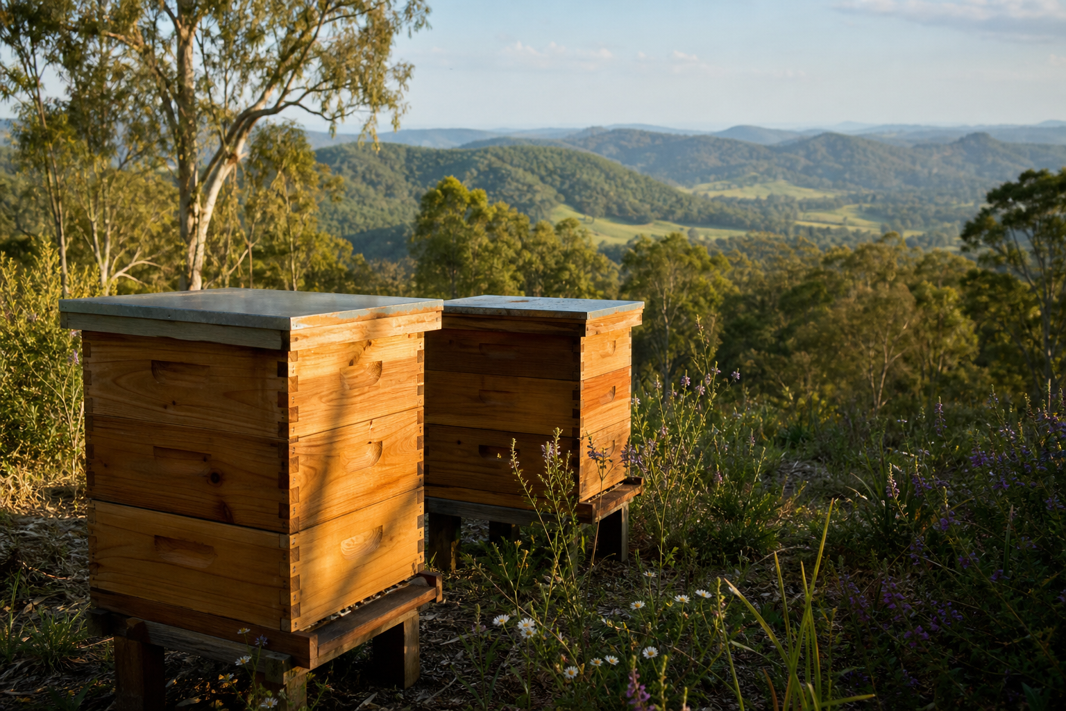 Beehives in the Sunshine Coast hinterland surrounded by eucalyptus and native wildflowers
