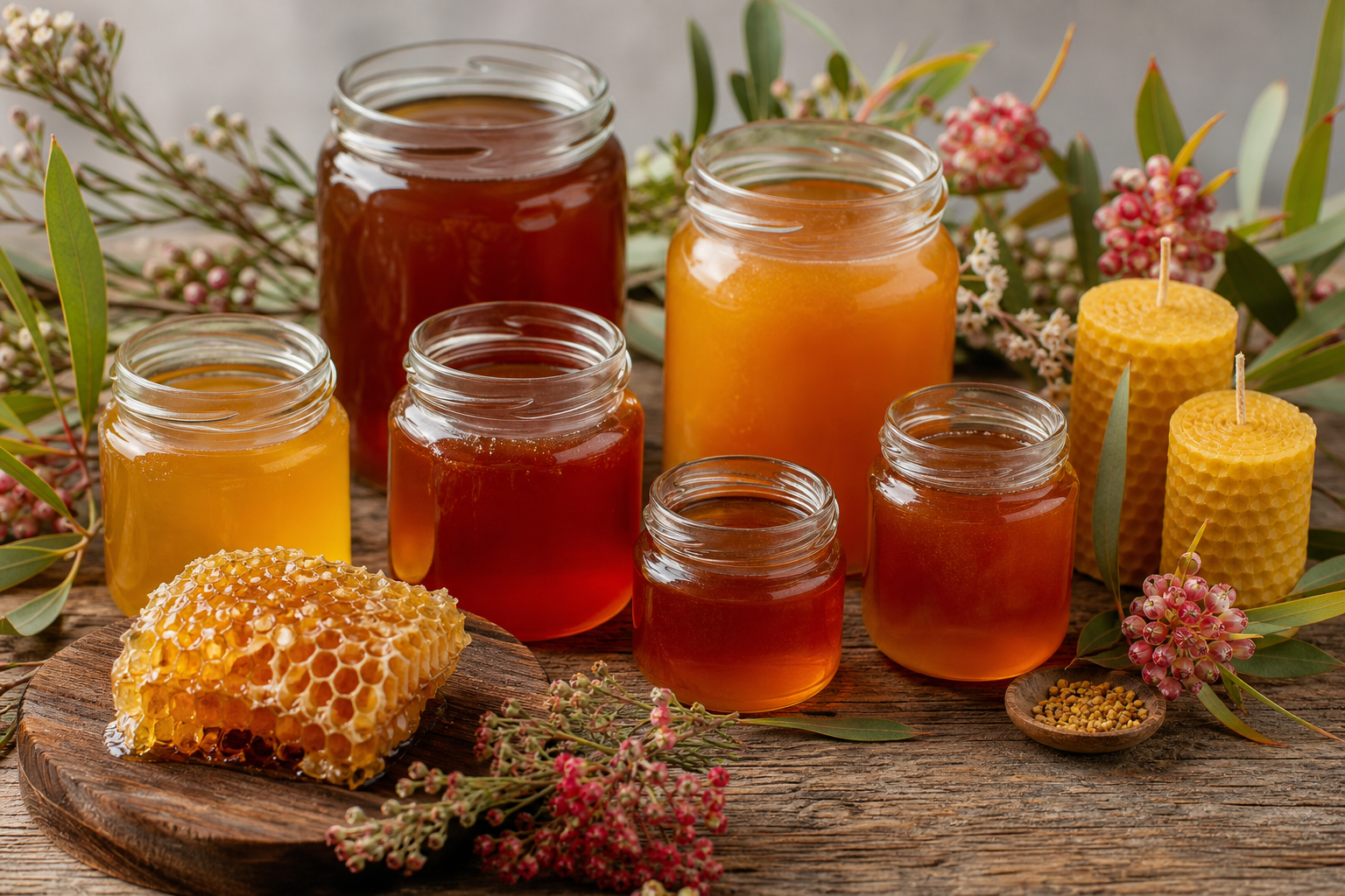 Assortment of raw honey jars with honeycomb and beeswax candles on a rustic table