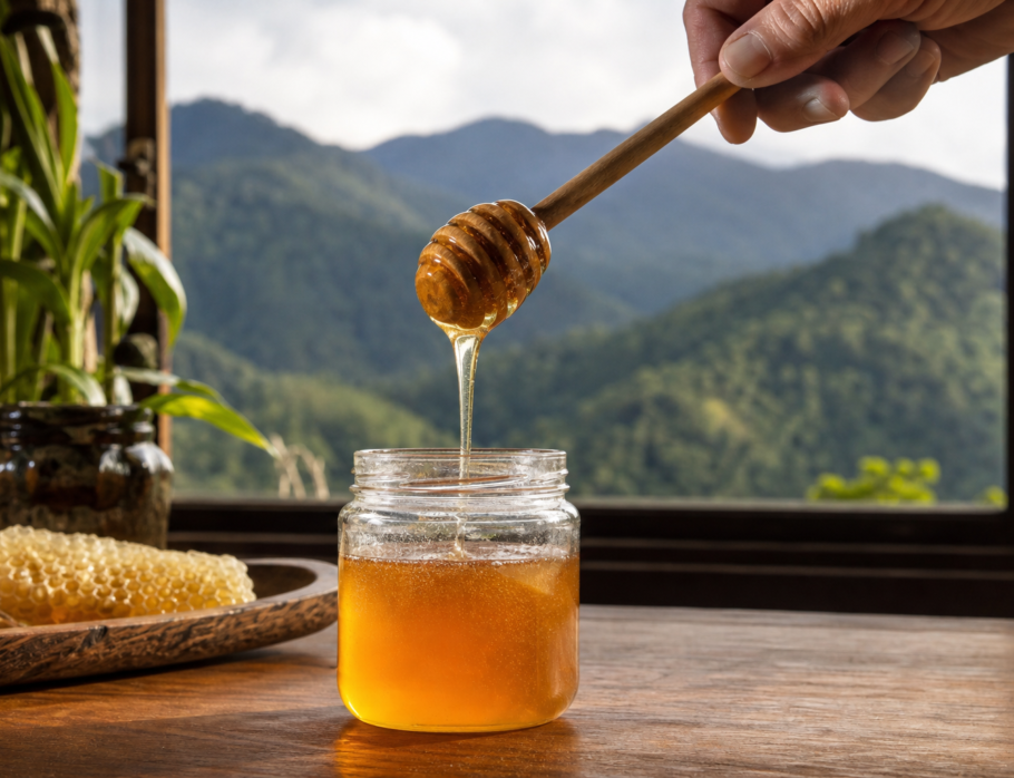 Hinterland honey poured from a wooden dipper with Gold Coast hinterland rainforest in the background