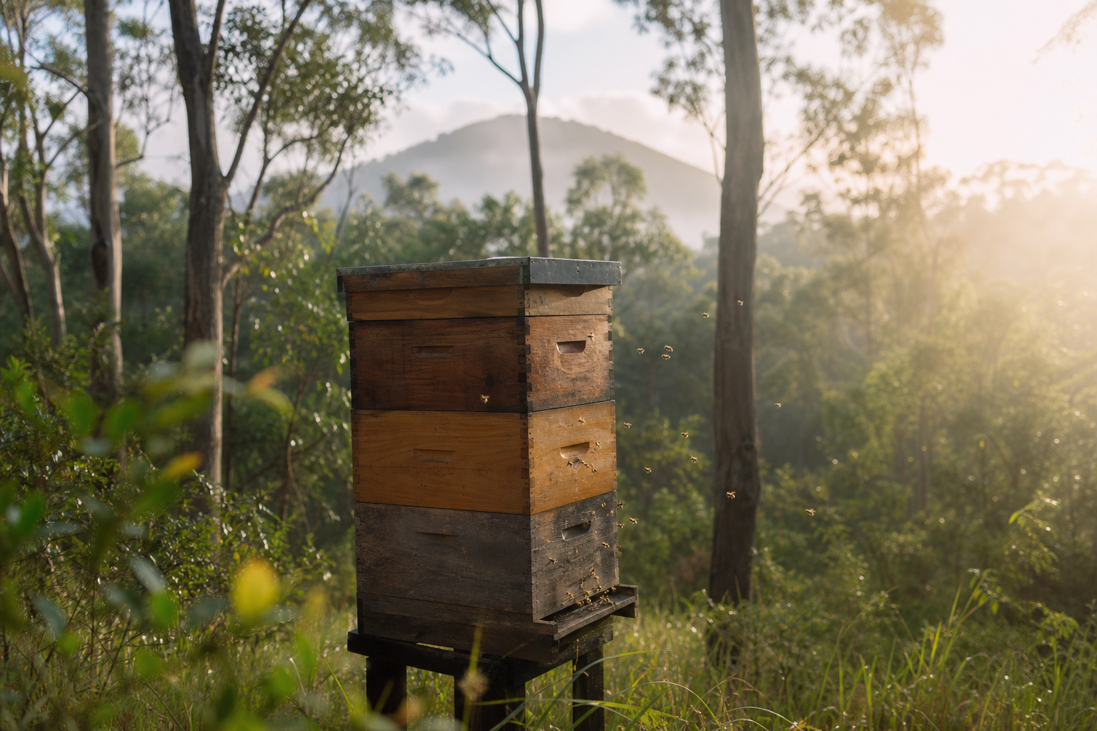 Beehives among eucalyptus and brushbox trees in the Gold Coast Hinterland