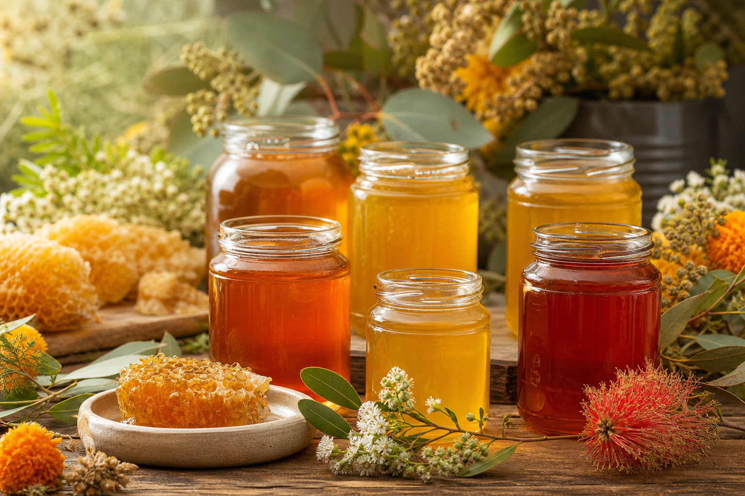 Jars of raw Hinterland honey varieties in different golden shades with native wildflowers