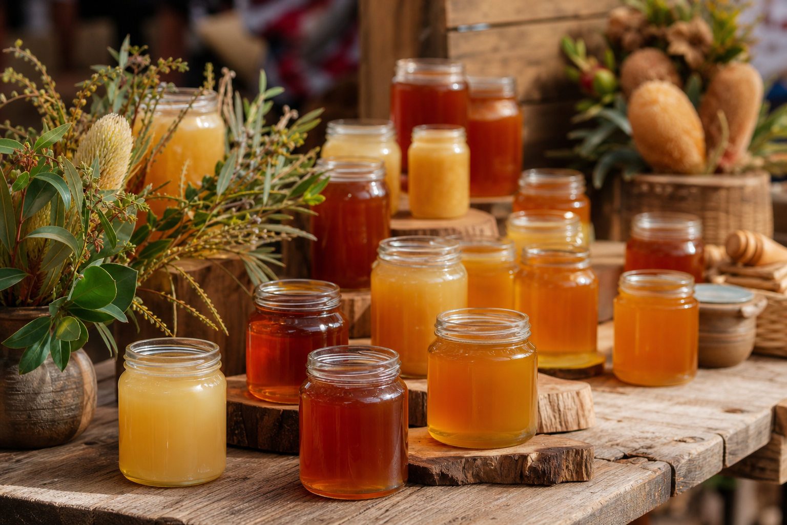 Brisbane honey varieties displayed in glass jars at a farmers market with native Australian flowers