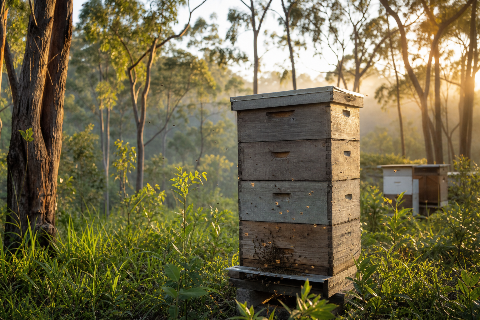 Brisbane honey beehives in Queensland bushland surrounded by eucalyptus and ironbark trees