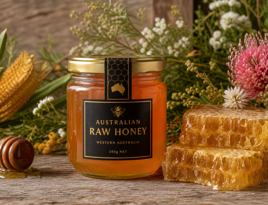 Raw honey Gold Coast jar with honeycomb and native Australian wildflowers