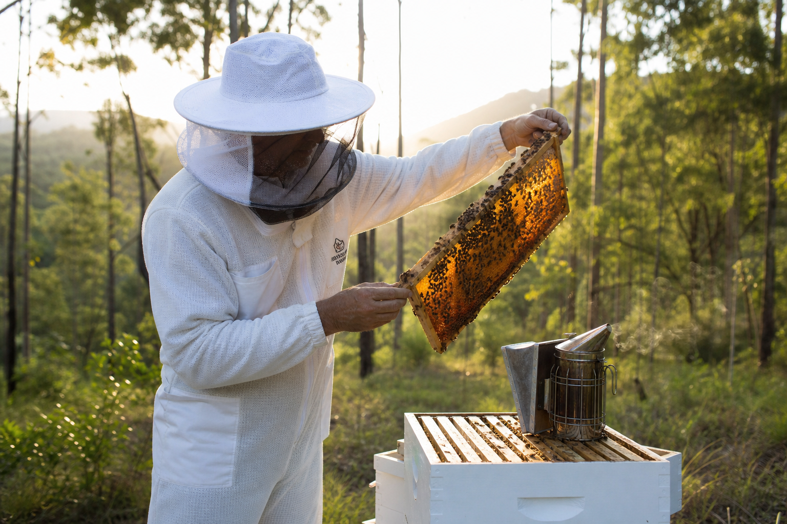 Beekeeper inspecting honeycomb frame in Queensland bushland