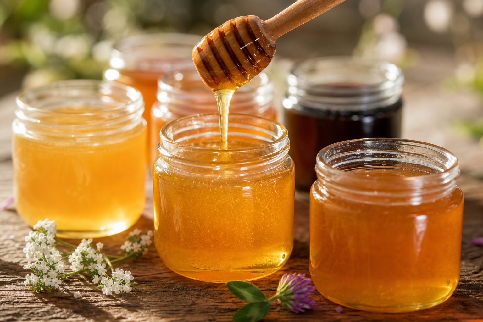 Raw honey varieties in jars with honey being poured from dipper