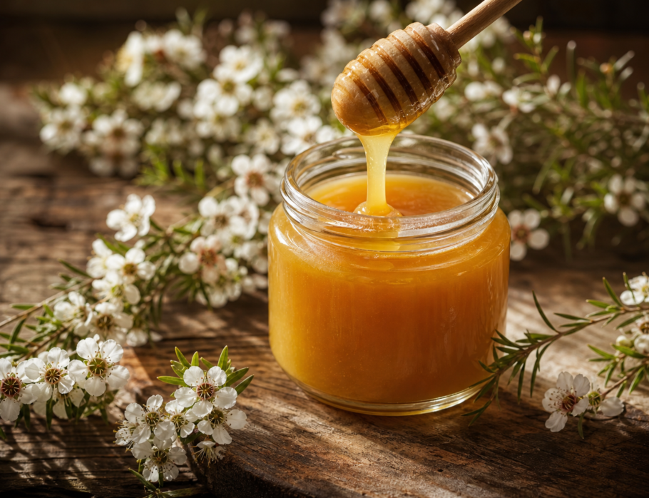 Manuka honey Gold Coast - golden Manuka honey jar with Leptospermum blossoms