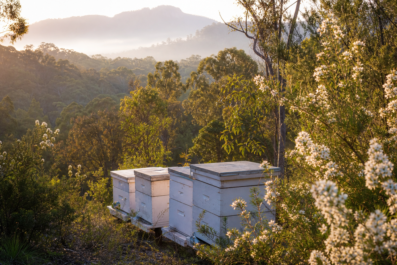 Beehives in Queensland hinterland producing Manuka honey for the Gold Coast