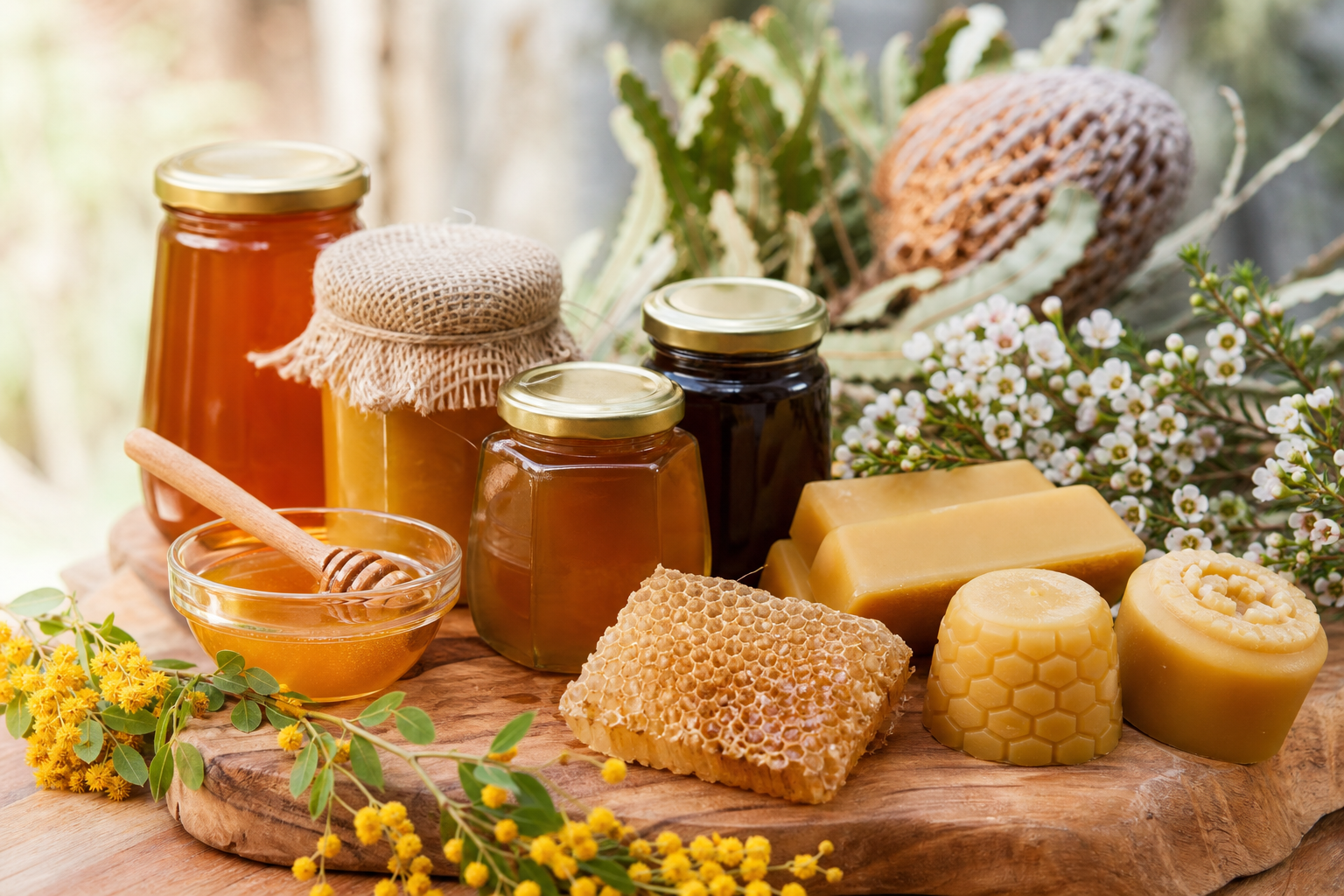 Assortment of raw honey varieties and beeswax products from Gold Coast producers