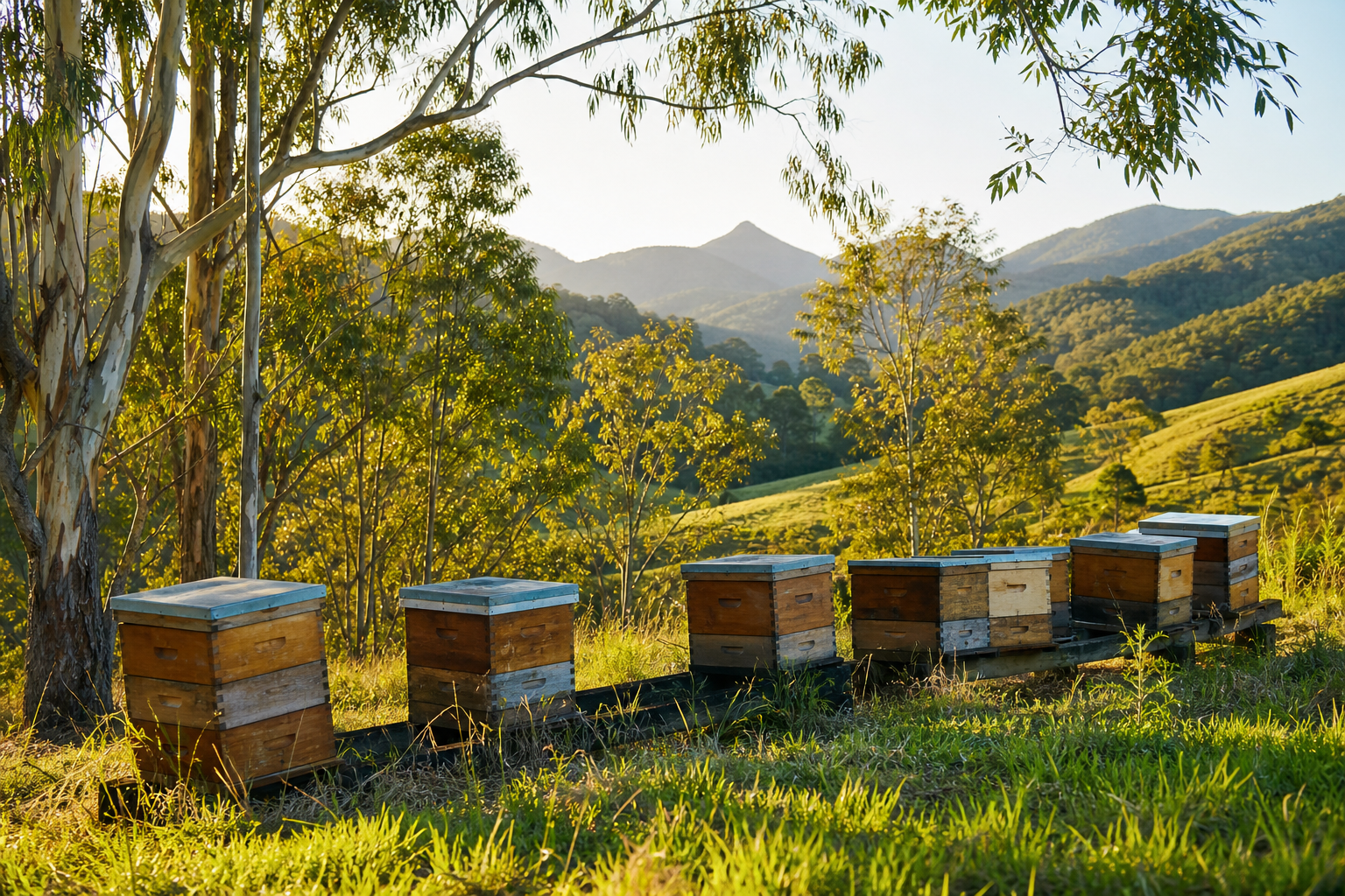 Beehive boxes in Queensland landscape with eucalyptus trees - local honey apiary