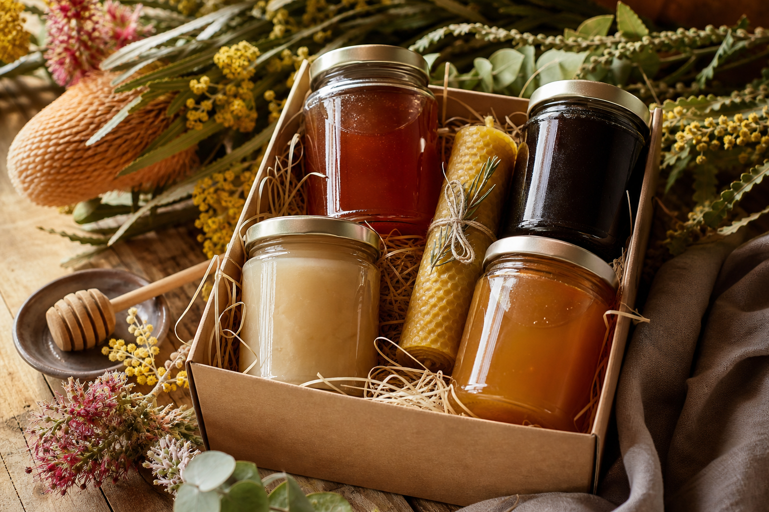 Artisan honey gift pack with multiple raw honey varieties and beeswax candle