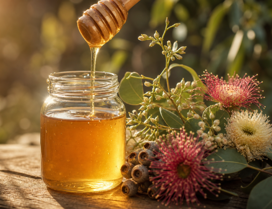 Buy honey Gold Coast - golden raw honey poured from a wooden dipper into a glass jar with native Australian flowers