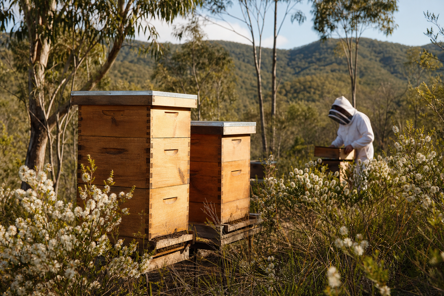 Beehives in Queensland bushland with a beekeeper tending hives among native eucalyptus trees