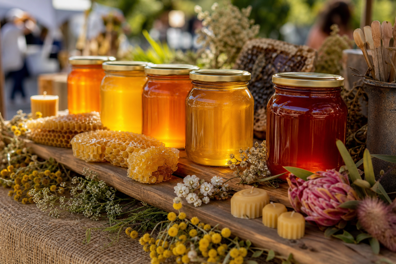 Artisan raw honey varieties in glass jars displayed at a Gold Coast farmers market with honeycomb and beeswax candles