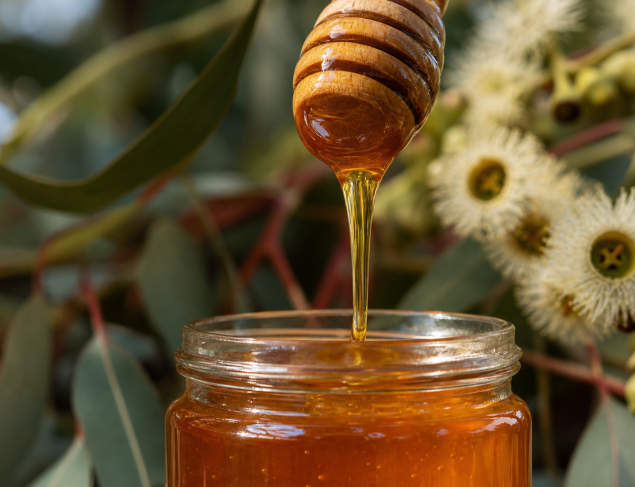 Pure honey Queensland - golden raw honey being poured from a wooden honey dipper