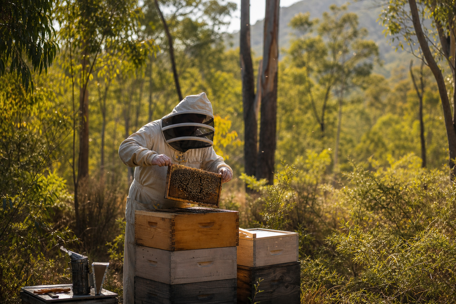 Queensland beekeeper tending hives in the Gold Coast hinterland bush