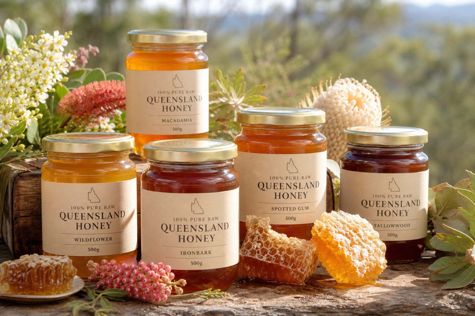 Jars of pure raw Queensland honey varieties arranged on rustic wooden surface with honeycomb