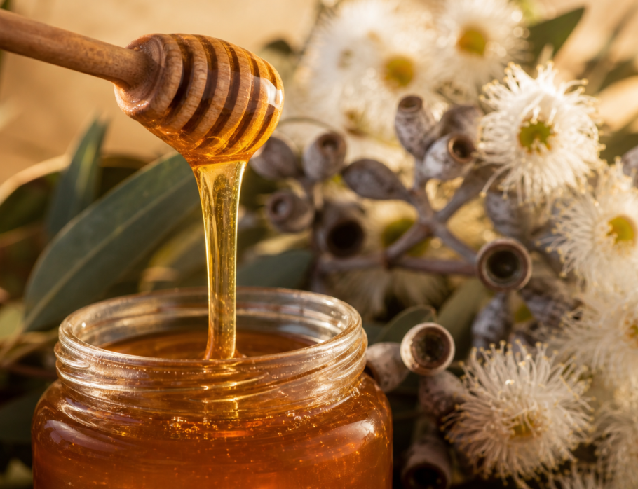 Australian honey Gold Coast - golden raw honey poured from dipper with Queensland native flora