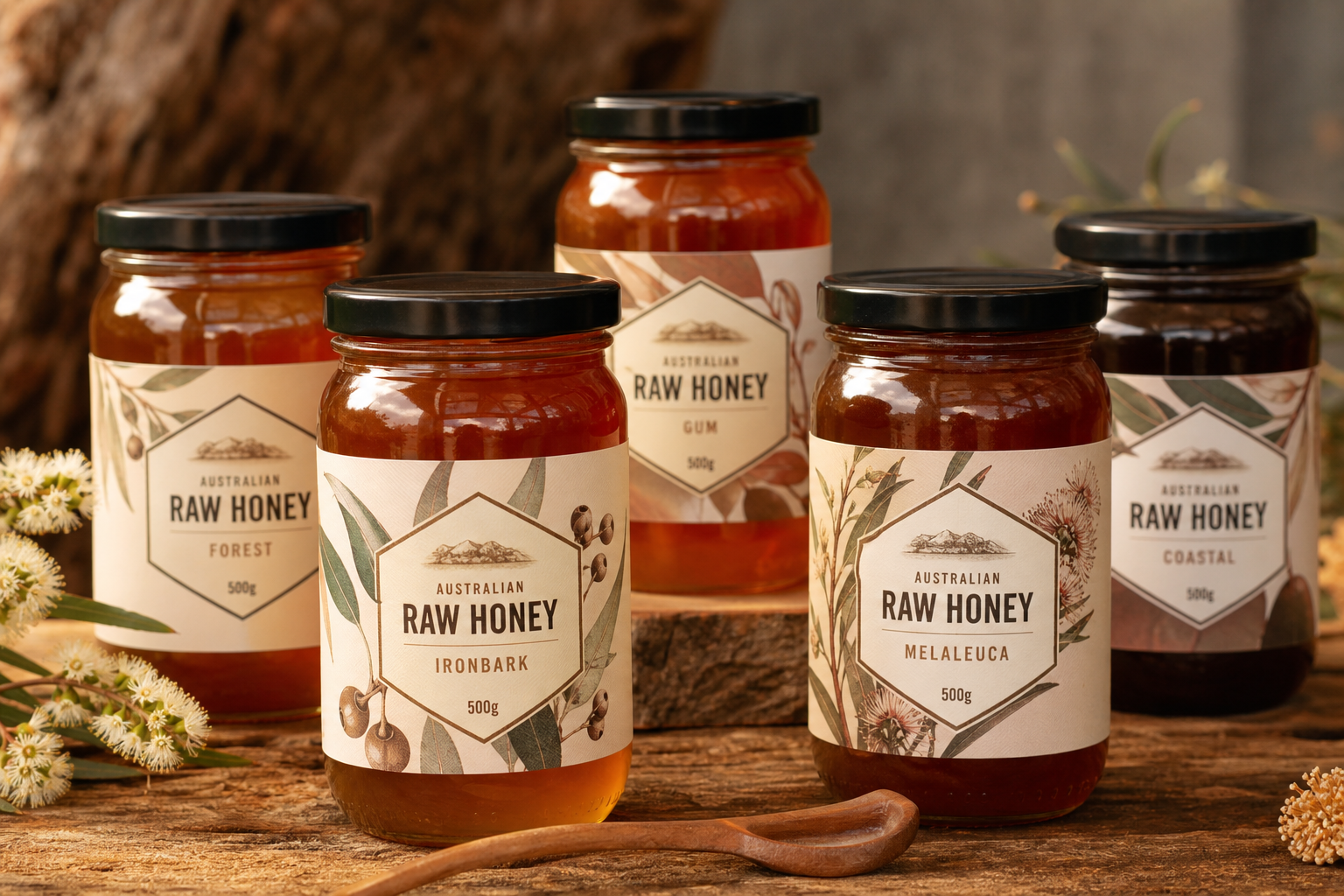 Australian honey Gold Coast varieties - glass jars of raw honey on timber surface