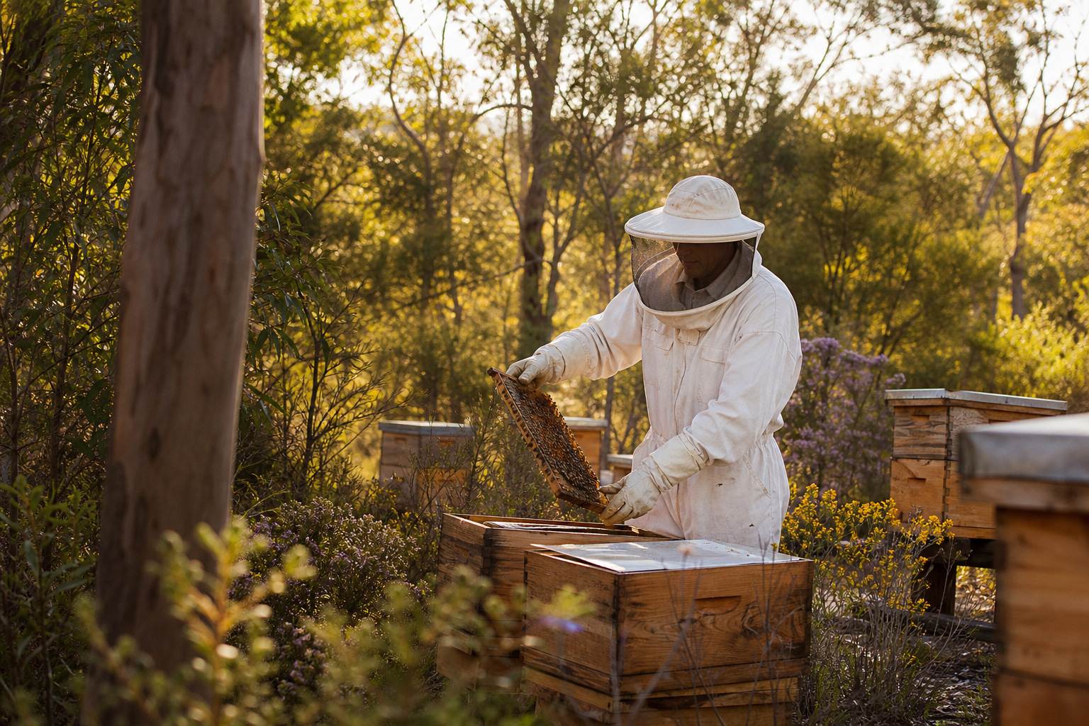 Beekeeper tending hives in Queensland bushland — QLD Honey & Hives