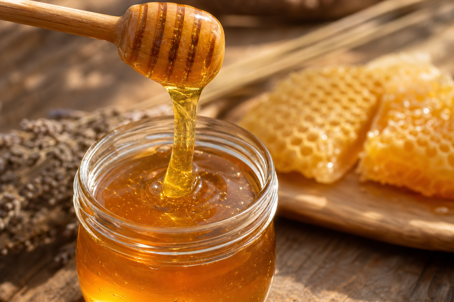 Golden raw honey being poured from a honey dipper — QLD Honey & Hives Gold Coast