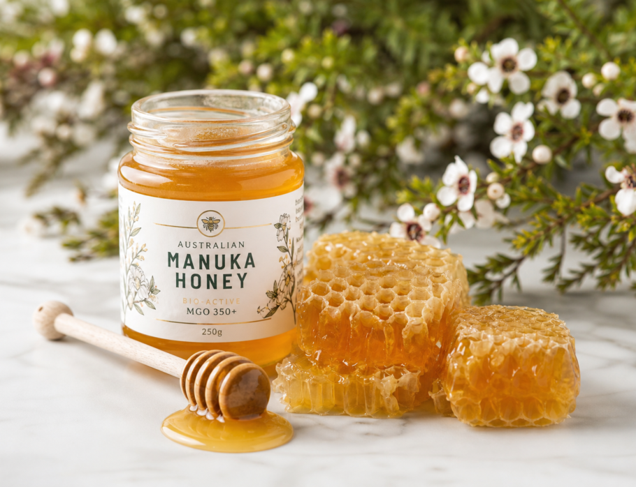 Pure raw Manuka honey Gold Coast - golden honey jar with honeycomb on marble surface