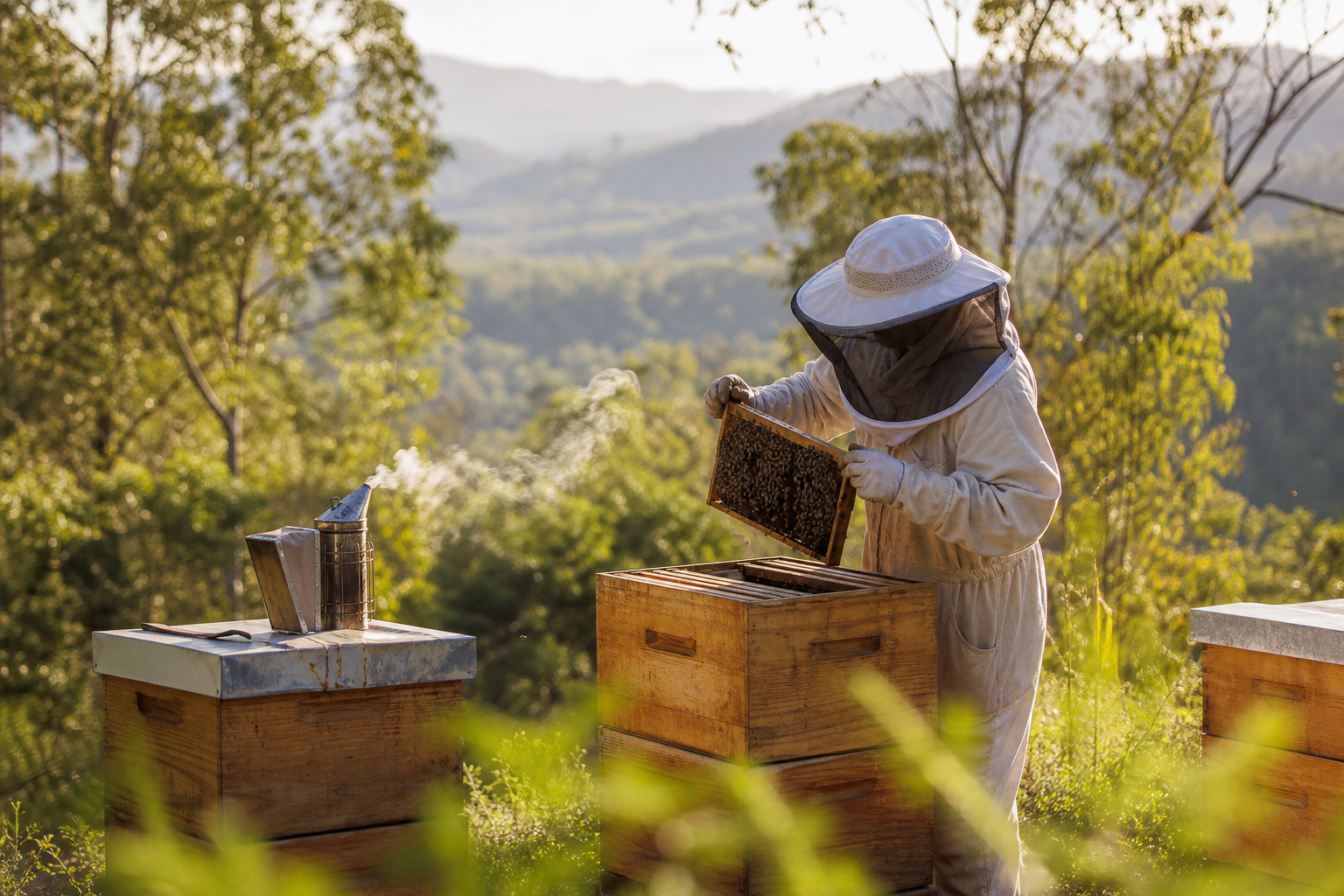 Beekeeper tending hives in Queensland hinterland landscape