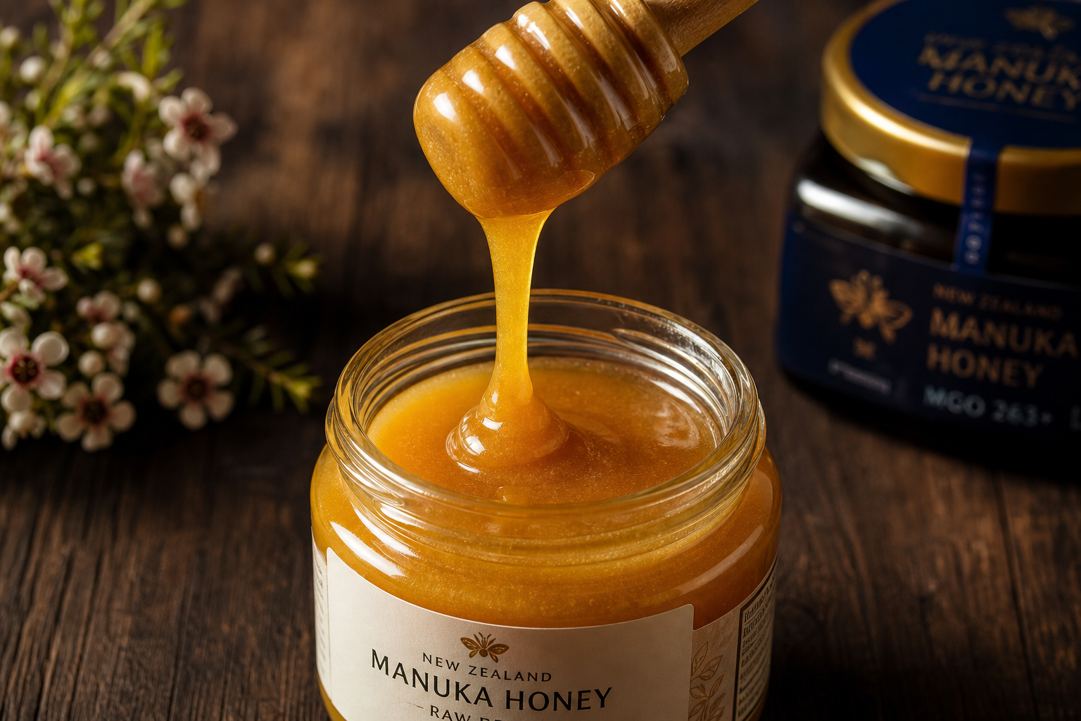 Pure raw Manuka honey being poured from wooden dipper into jar