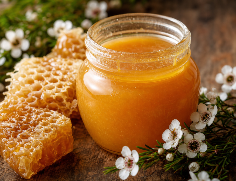MGO 1500+ Australian Manuka honey jar with raw honeycomb and Leptospermum flowers