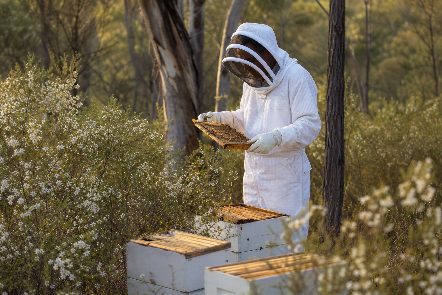 Beekeeper inspecting honeycomb frame among native Leptospermum shrubs in Queensland bushland