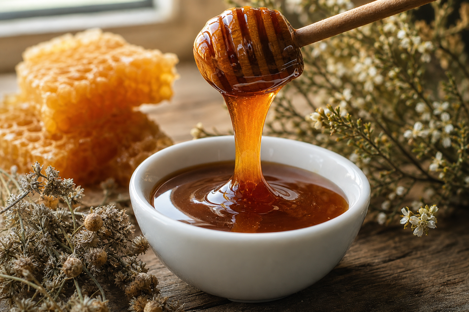 Dark golden Manuka honey being poured from a wooden honey dipper into a white ceramic bowl