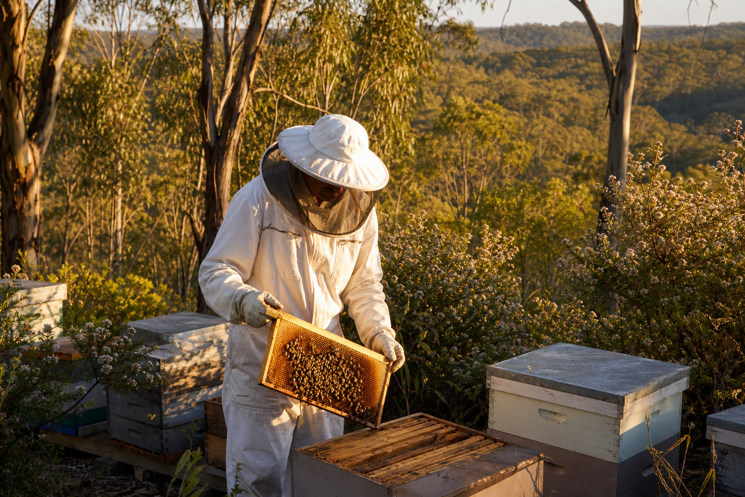 Queensland beekeeper tending hives in native bushland