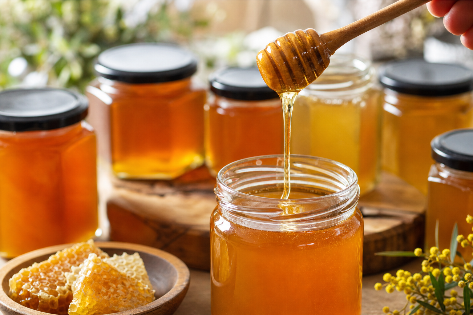 Raw Queensland honey being poured from a wooden honey dipper