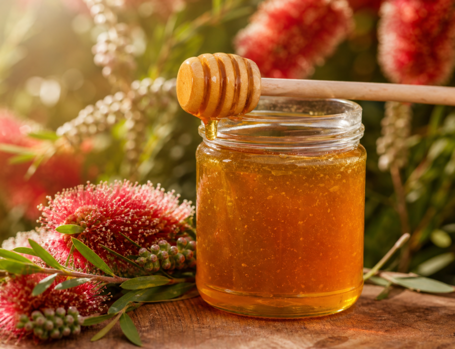 Unfiltered unheated raw honey jar with Queensland native flora