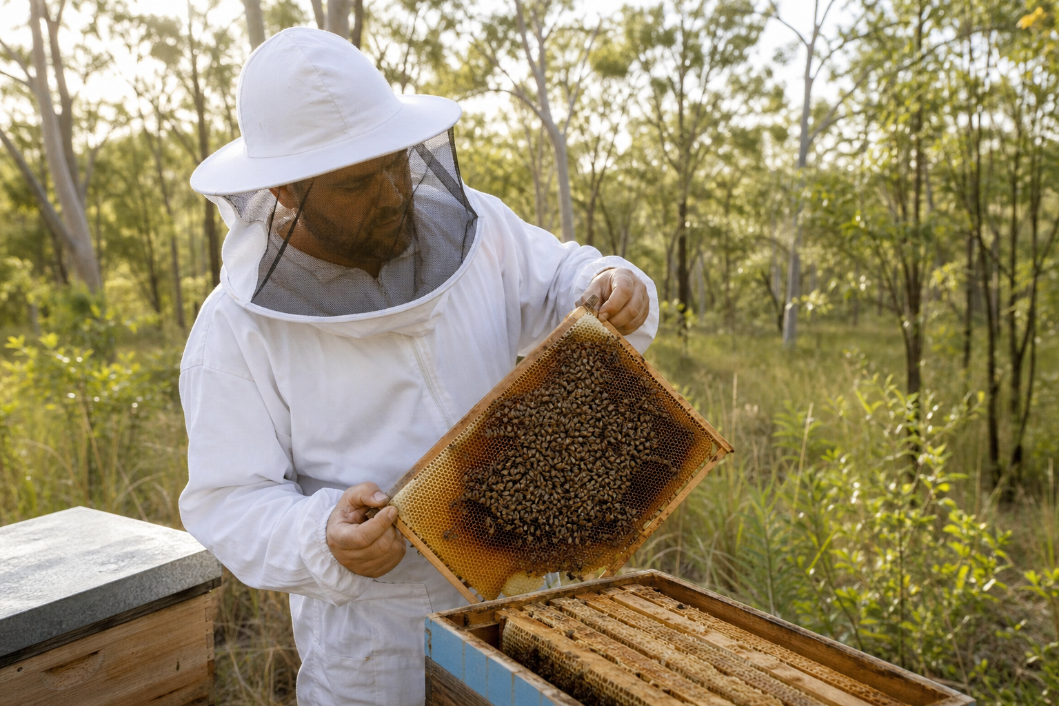 Beekeeper inspecting honeycomb frame in Queensland bush setting