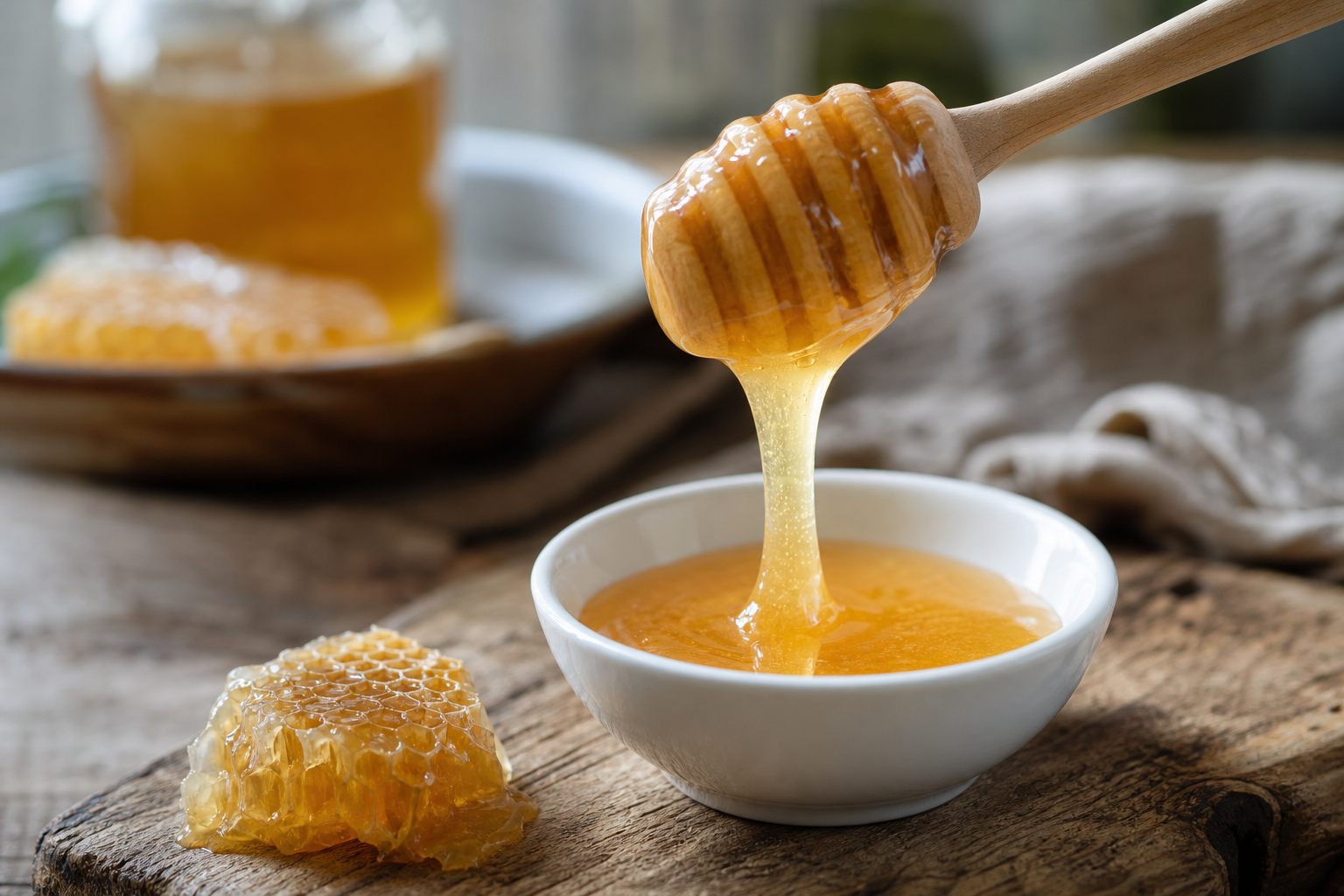 Golden unfiltered honey being poured showing natural cloudiness
