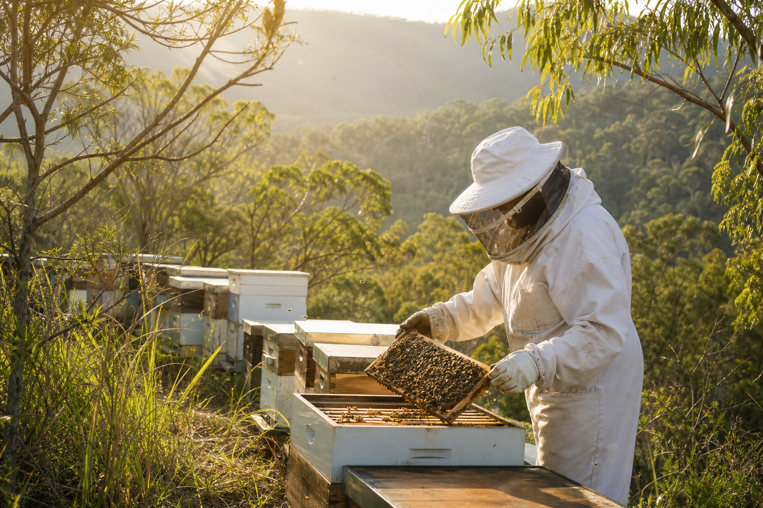 Beekeeper tending hives in Queensland subtropical landscape